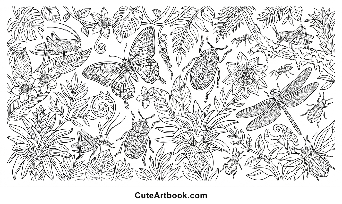 Free printable Rainforest Insect Scene coloring page โ black and white line art