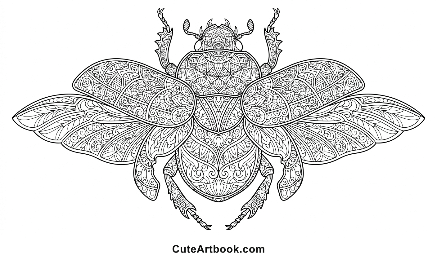 Free printable Scarab Beetle coloring page โ black and white line art