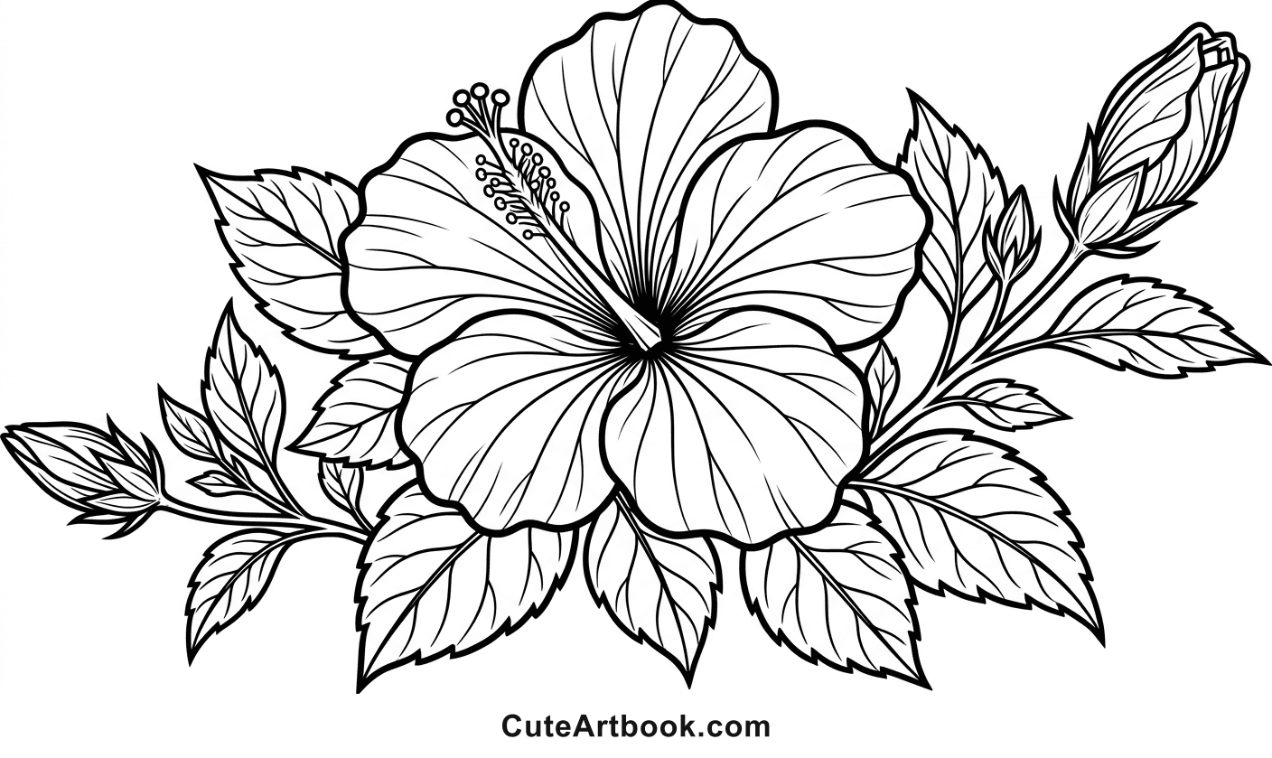 Free printable Hibiscus coloring page โ black and white line art