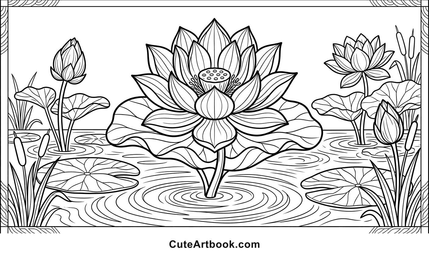 Free printable Lotus coloring page โ black and white line art
