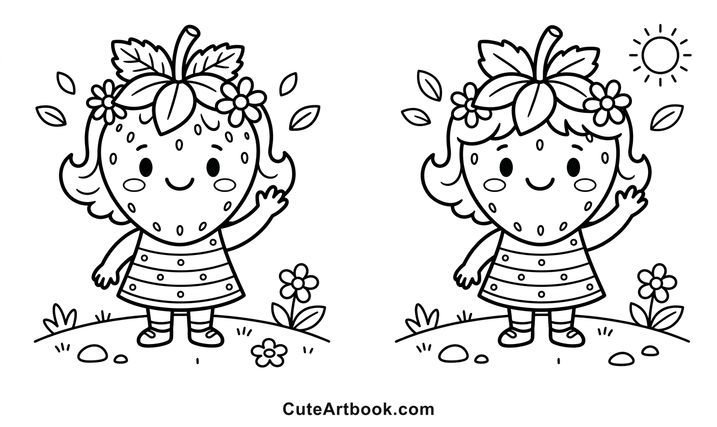 Free printable Strawberry coloring page โ black and white line art