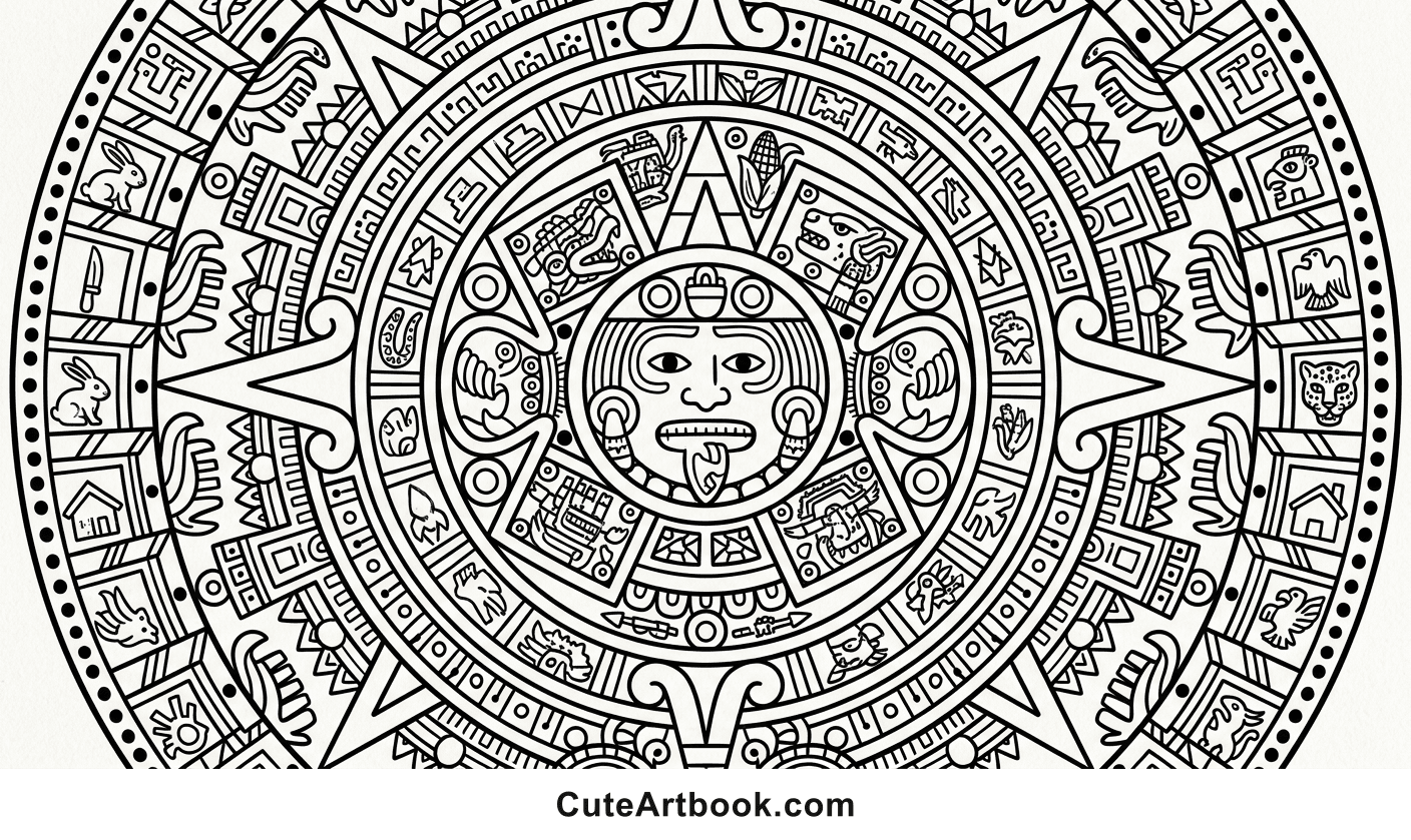 Free printable Aztec Mandala coloring page โ black and white line art