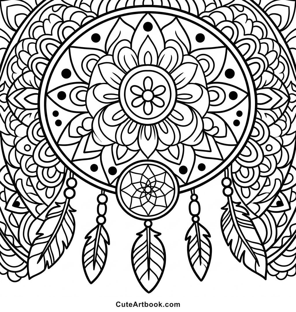Free printable Dreamcatcher Mandala coloring page โ black and white line art