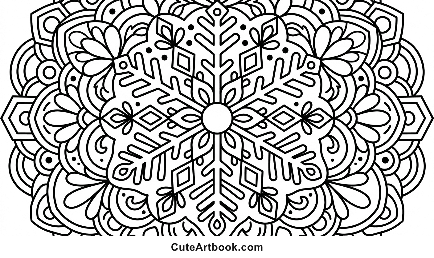Free printable Snowflake Mandala coloring page โ black and white line art