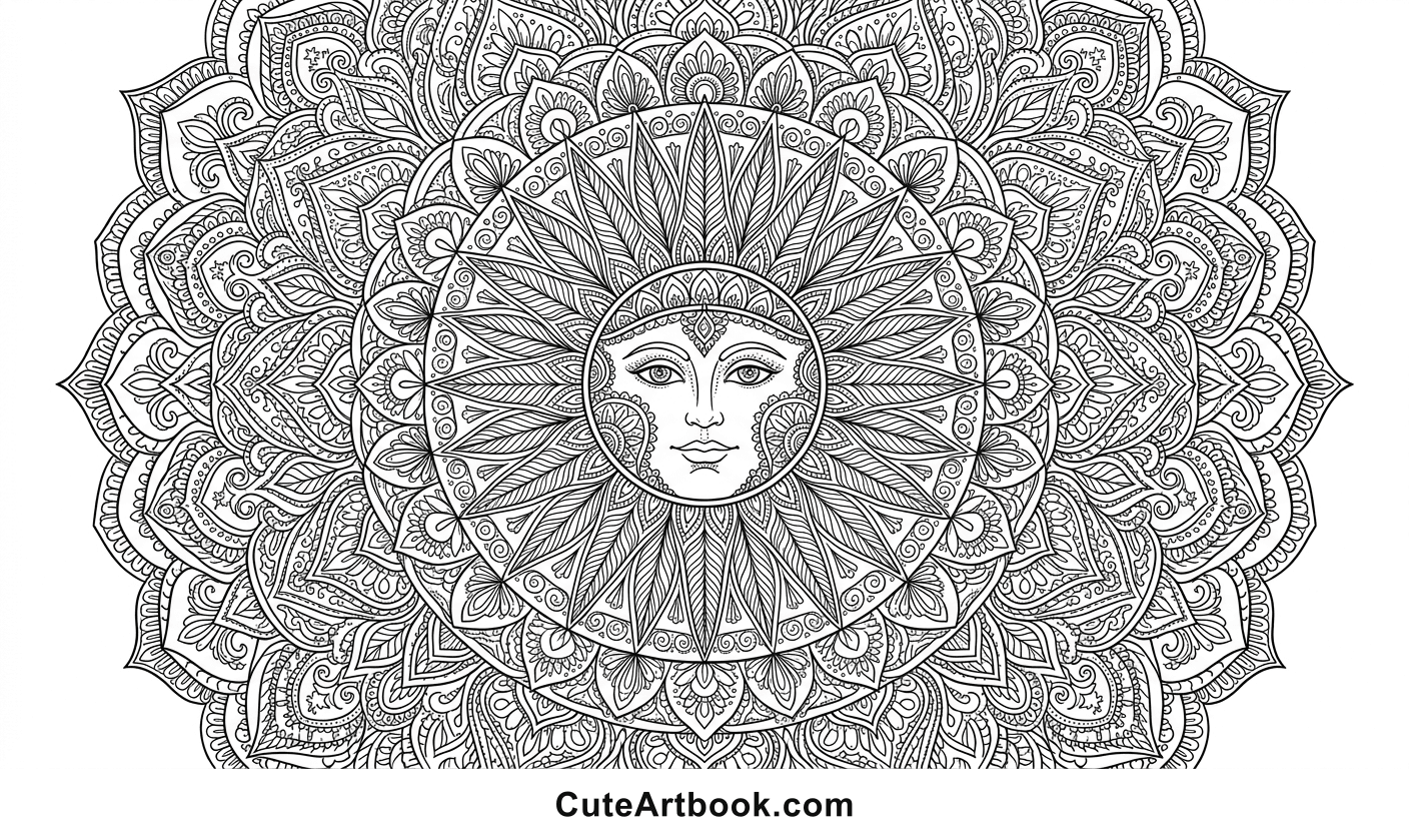 Free printable Sun Mandala coloring page โ black and white line art