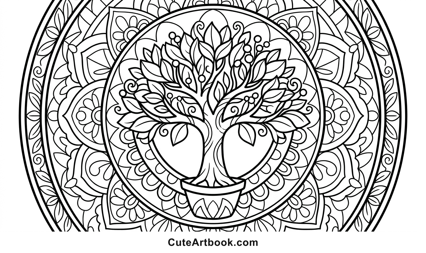 Free printable Tree of Life Mandala coloring page โ black and white line art