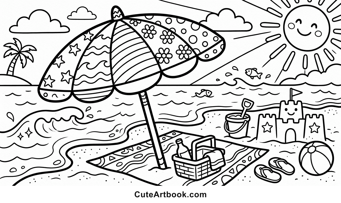 Free printable Beach Umbrella coloring page โ black and white line art