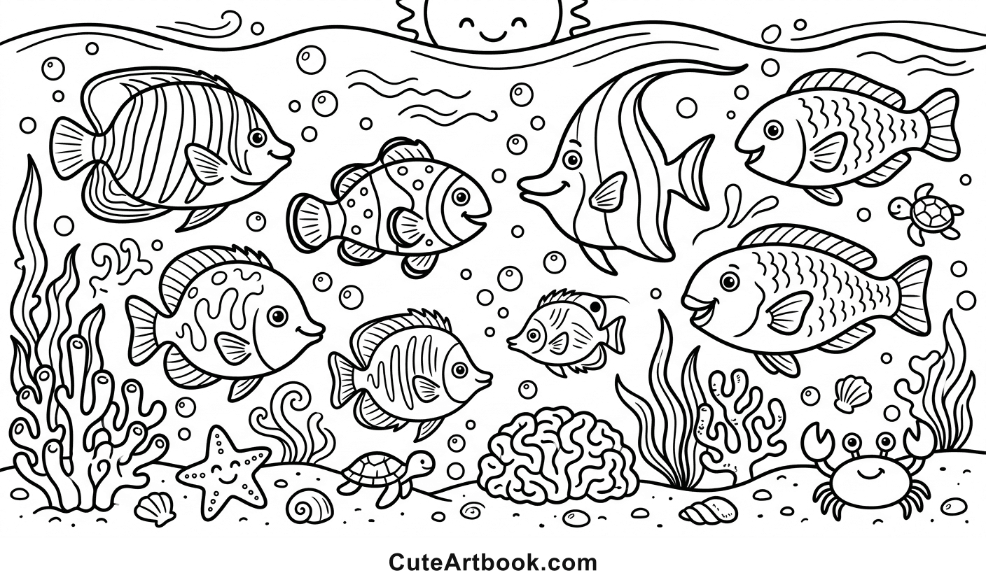 Free printable Tropical Fish coloring page โ black and white line art