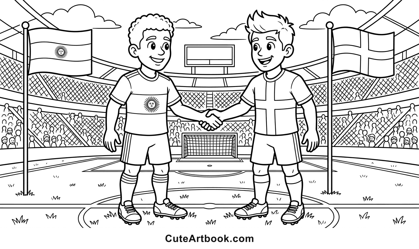 Free printable Argentina vs England Handshake coloring page โ black and white line art