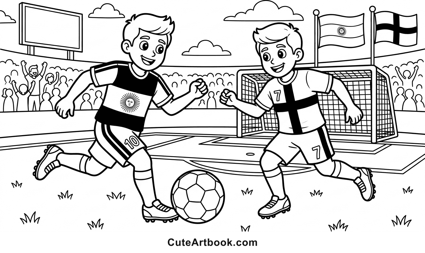 Free printable Argentina vs England coloring page โ black and white line art