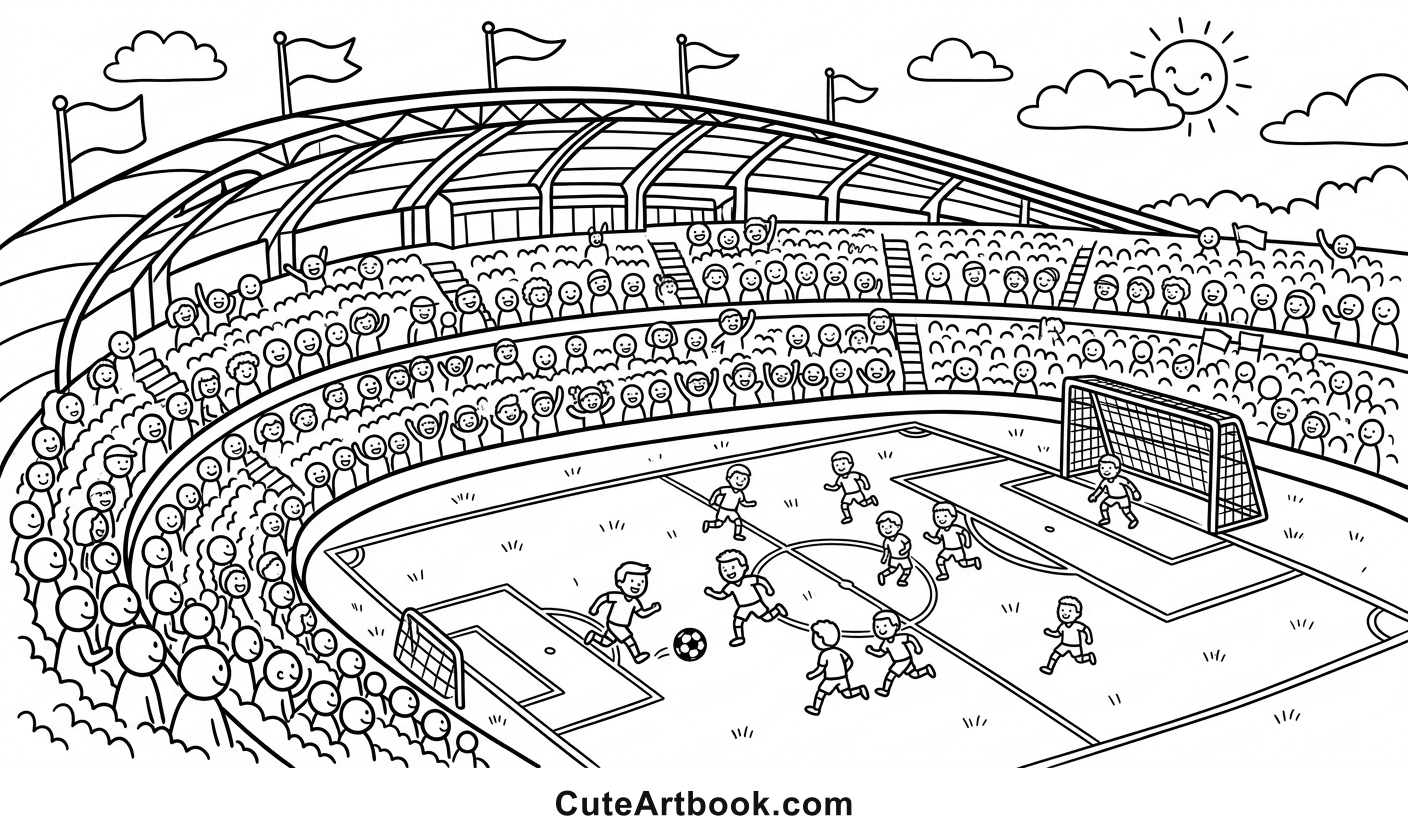 Free printable Soccer Stadium coloring page โ black and white line art