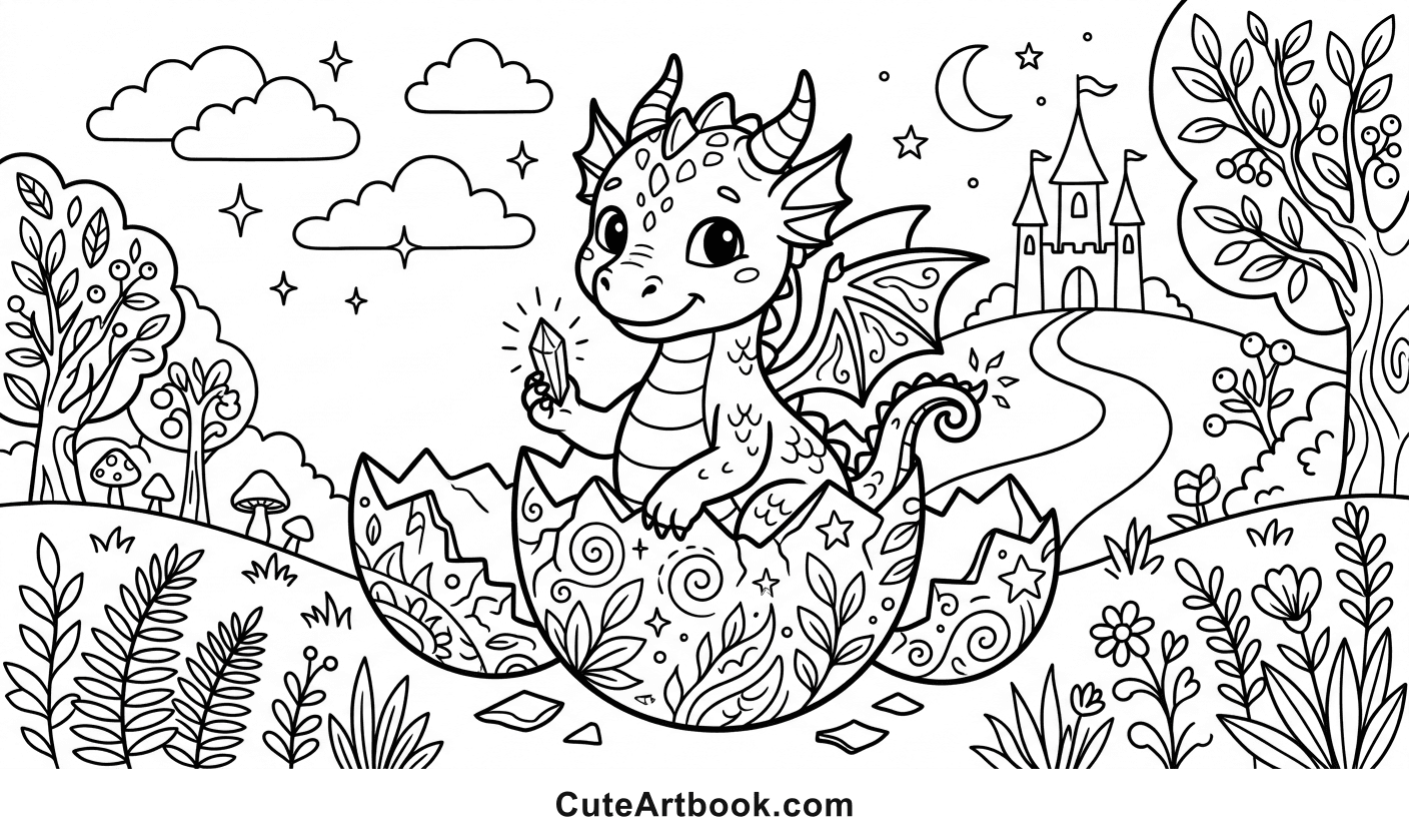 Free printable Baby Dragon coloring page โ black and white line art
