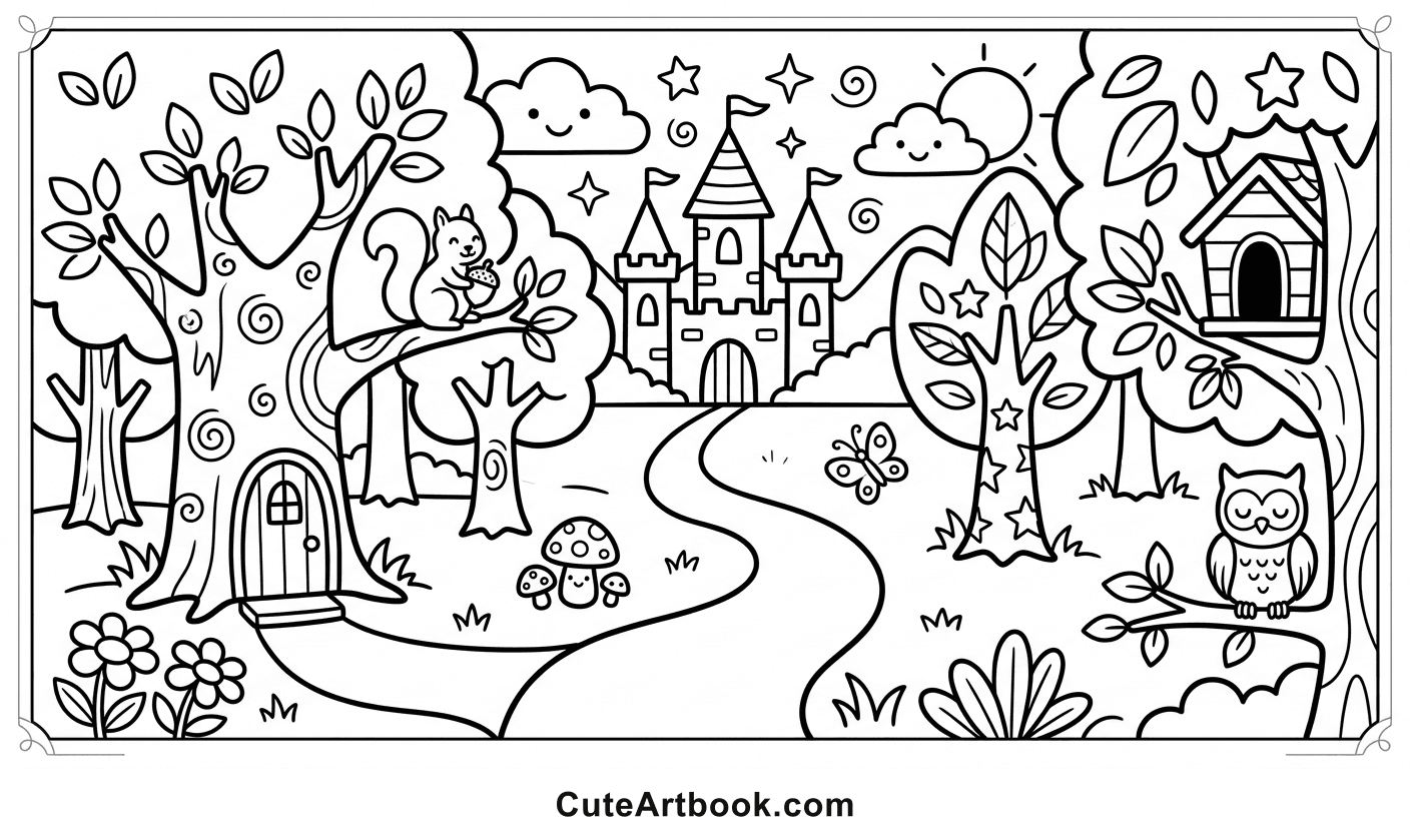 Free printable Enchanted Forest coloring page โ black and white line art