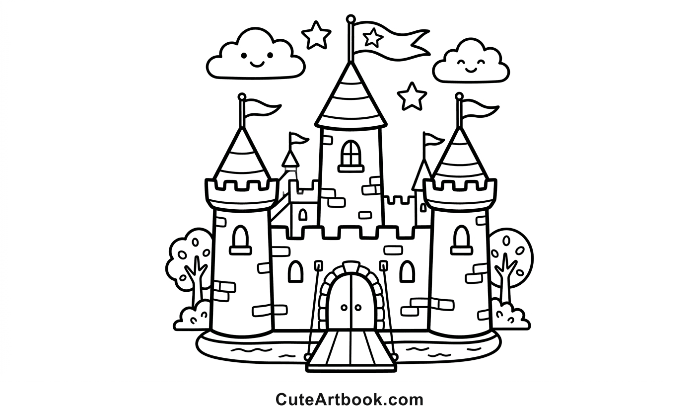Free printable Fairy Castle coloring page โ black and white line art