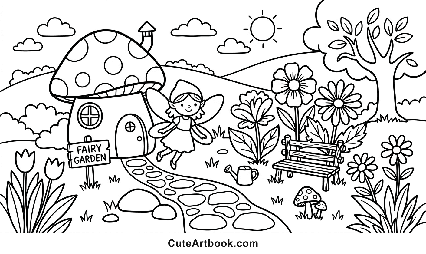 Free printable Fairy Garden coloring page โ black and white line art
