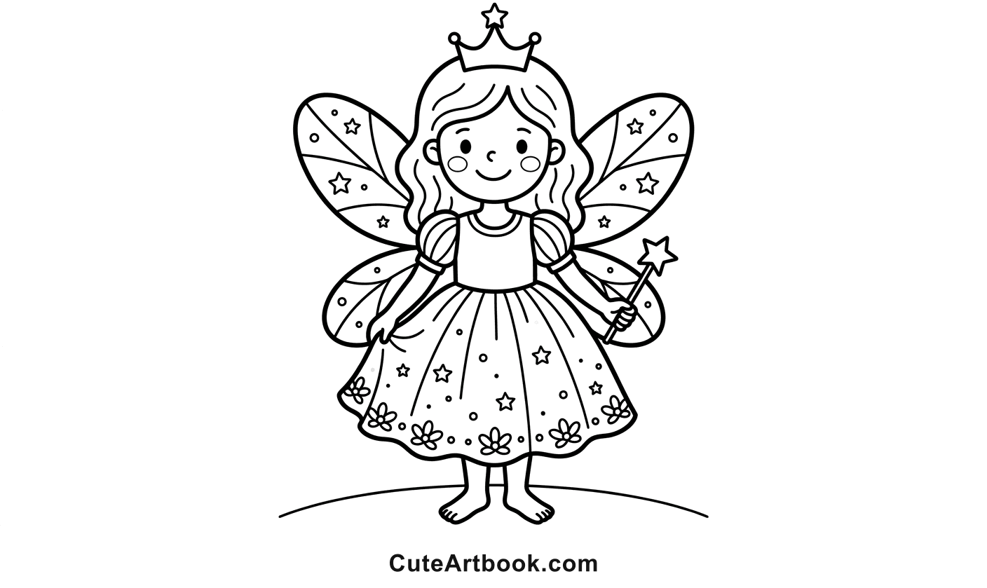 Free printable Fairy Princess coloring page โ black and white line art