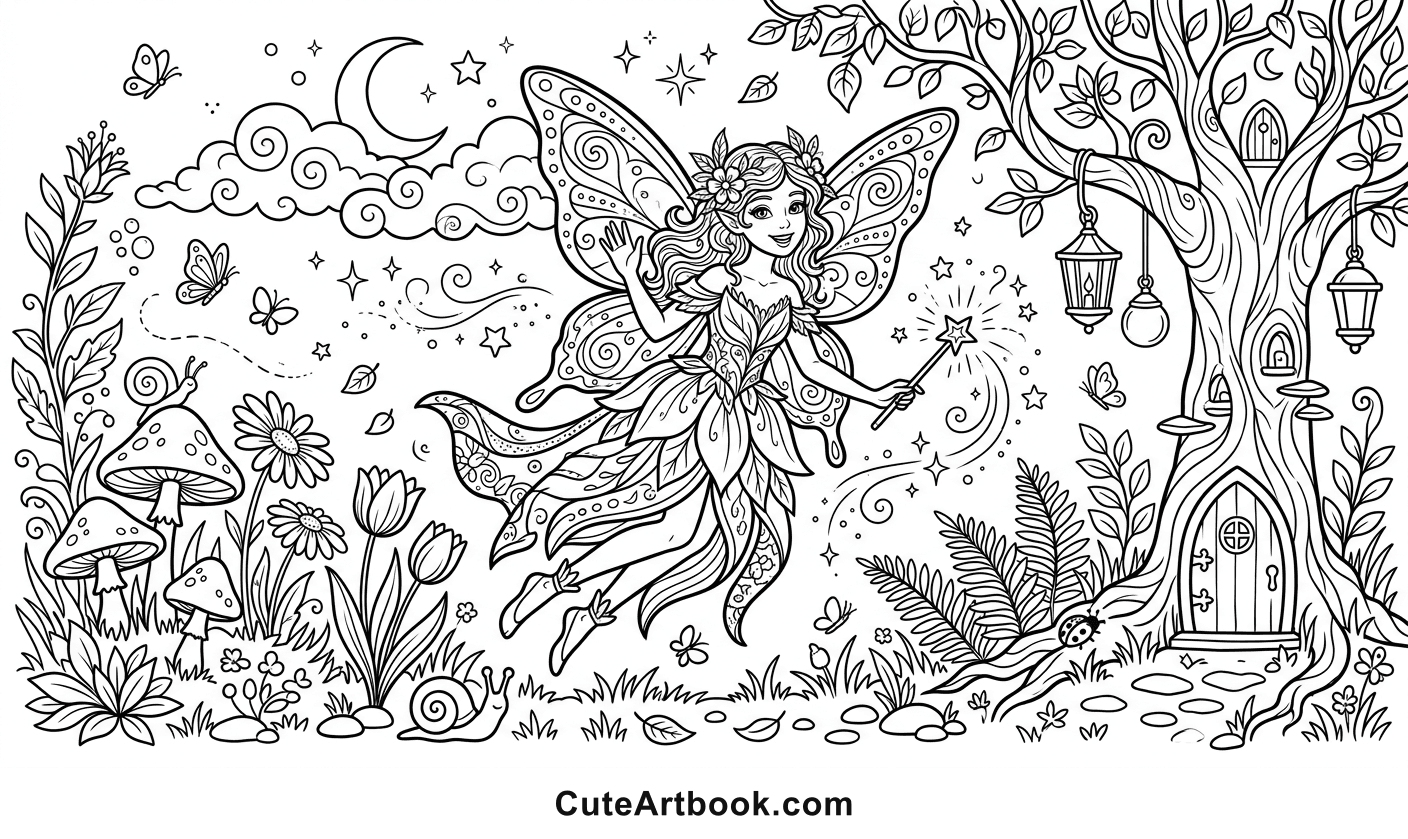 Free printable Fairy coloring page โ black and white line art