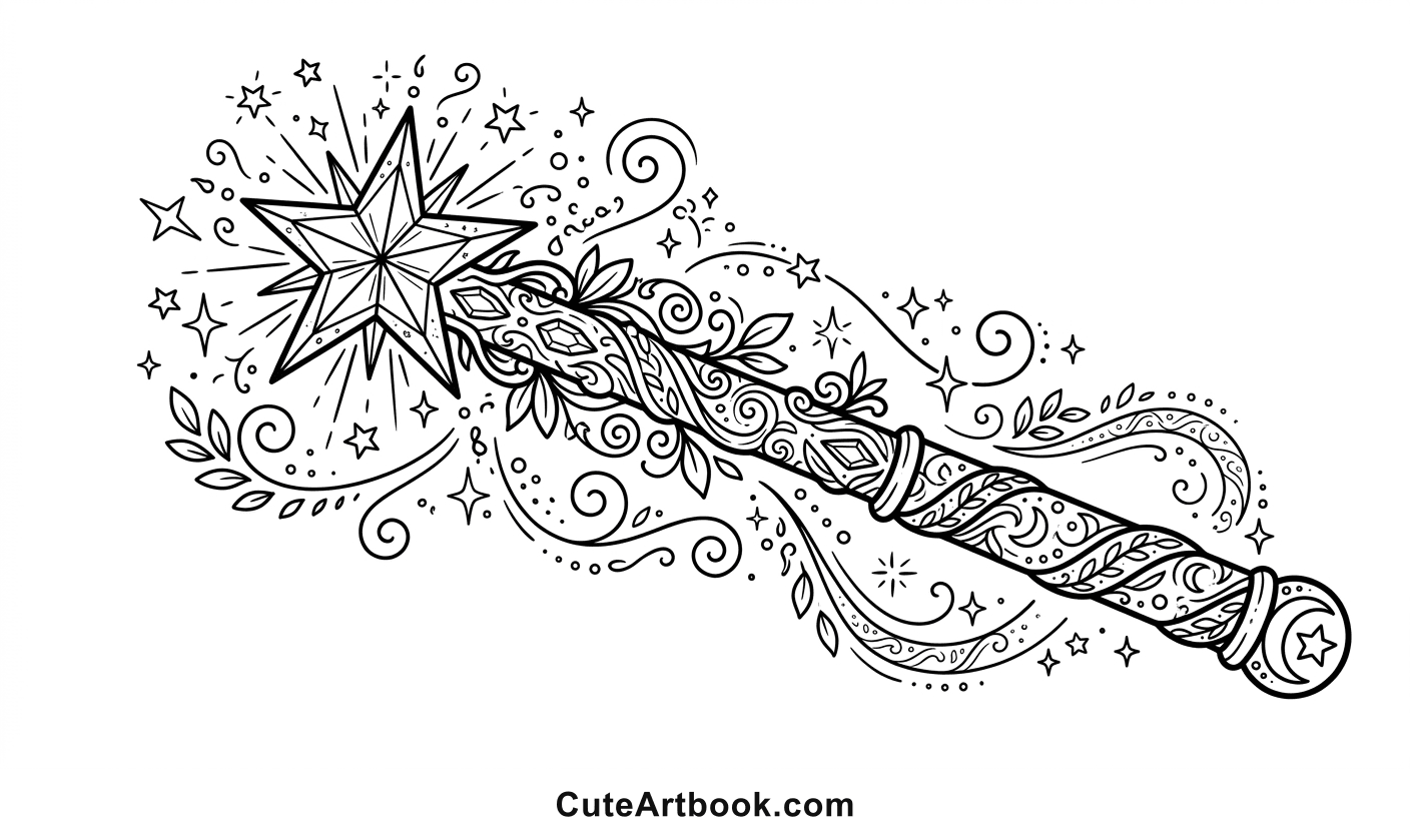Free printable Magic Wand coloring page โ black and white line art