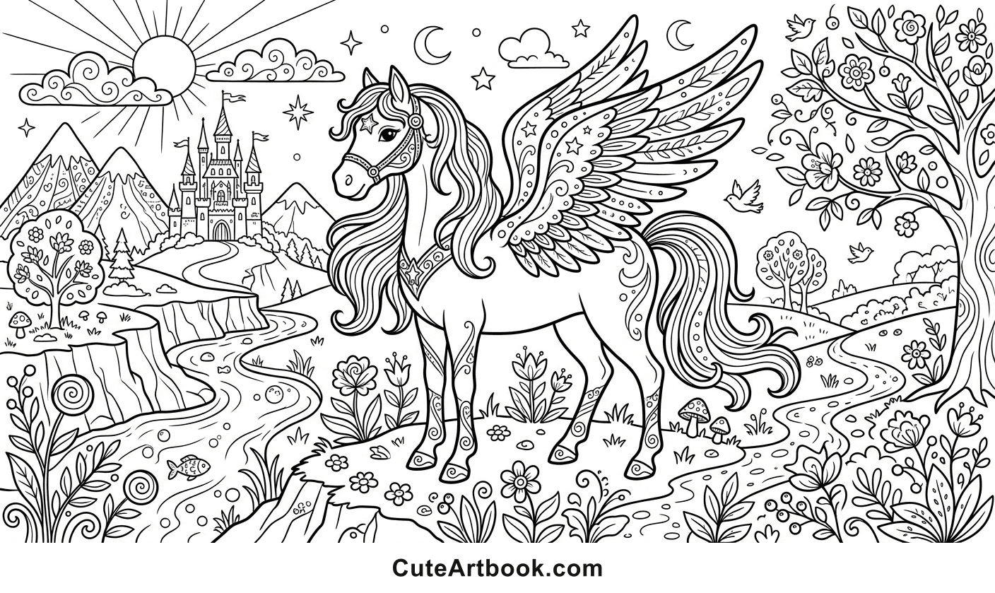 Free printable Pegasus coloring page โ black and white line art