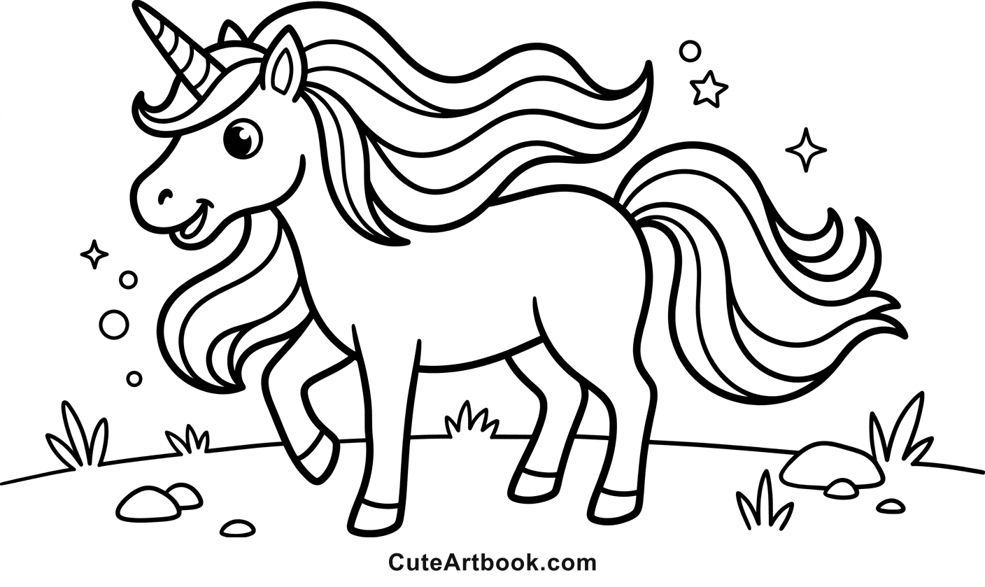 Free printable Unicorn with Flowing Mane coloring page โ black and white line art