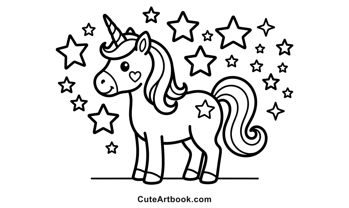 Free printable Unicorn with Stars coloring page โ black and white line art