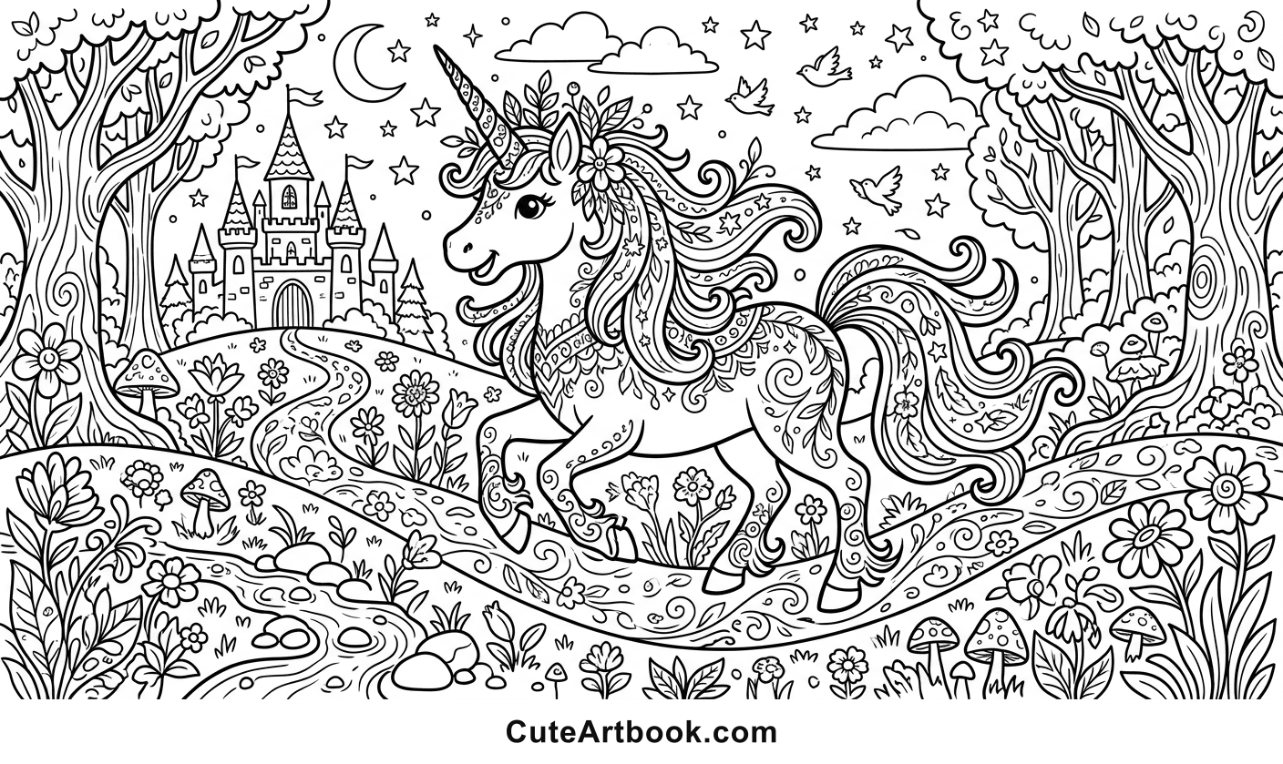 Free printable Unicorn coloring page โ black and white line art