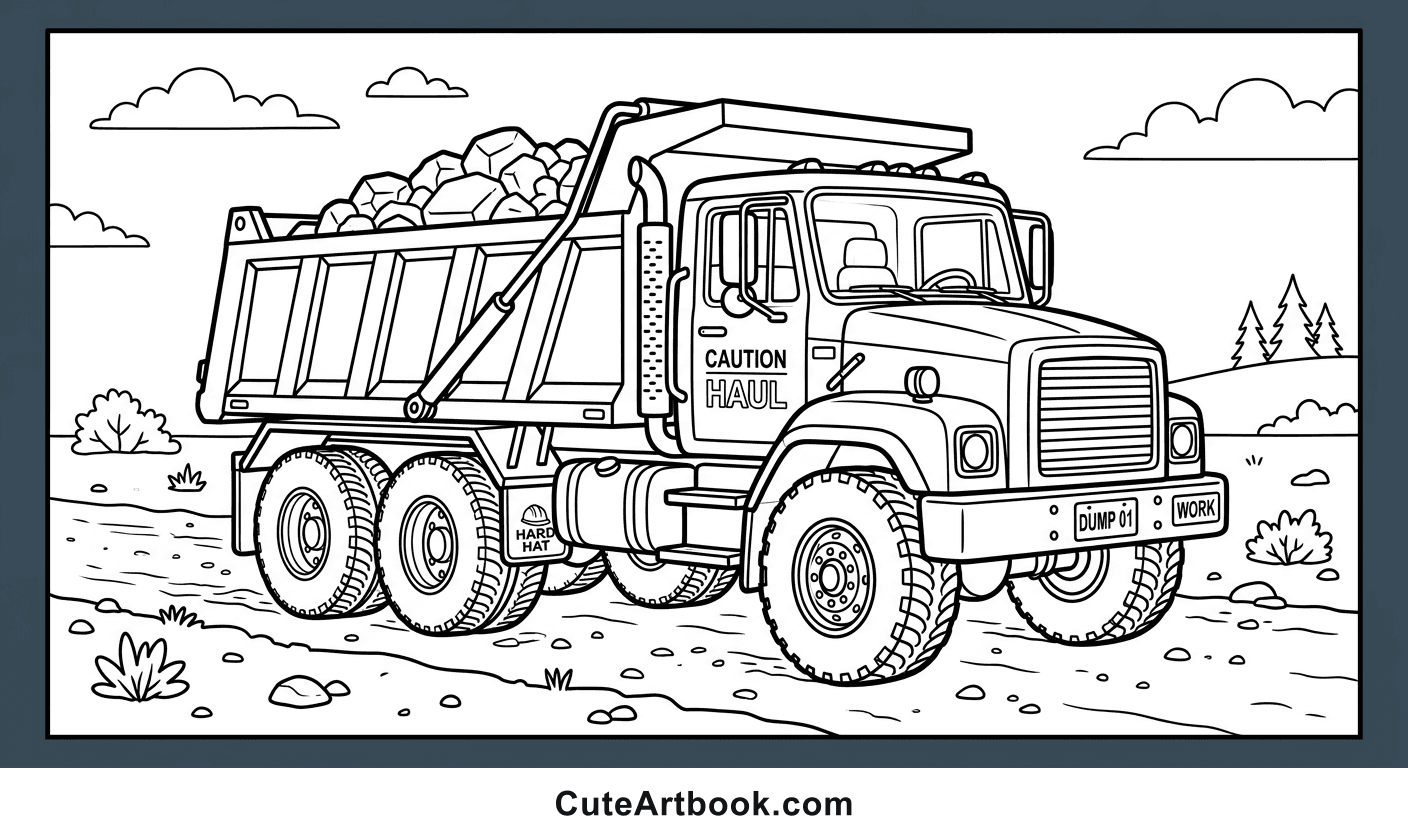 Free printable Dump Truck coloring page โ black and white line art