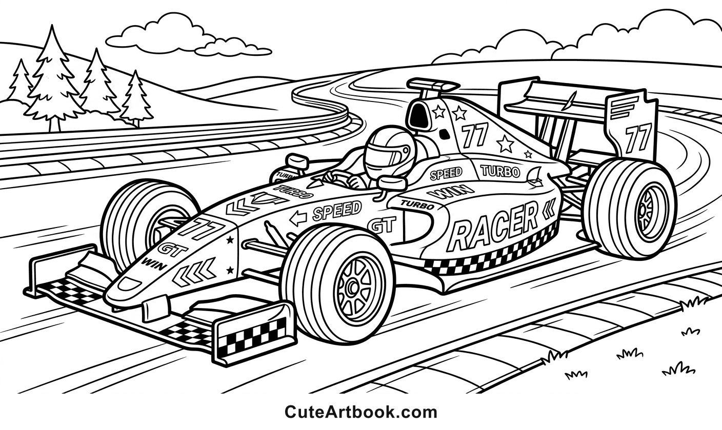 Free printable Race Car coloring page โ black and white line art