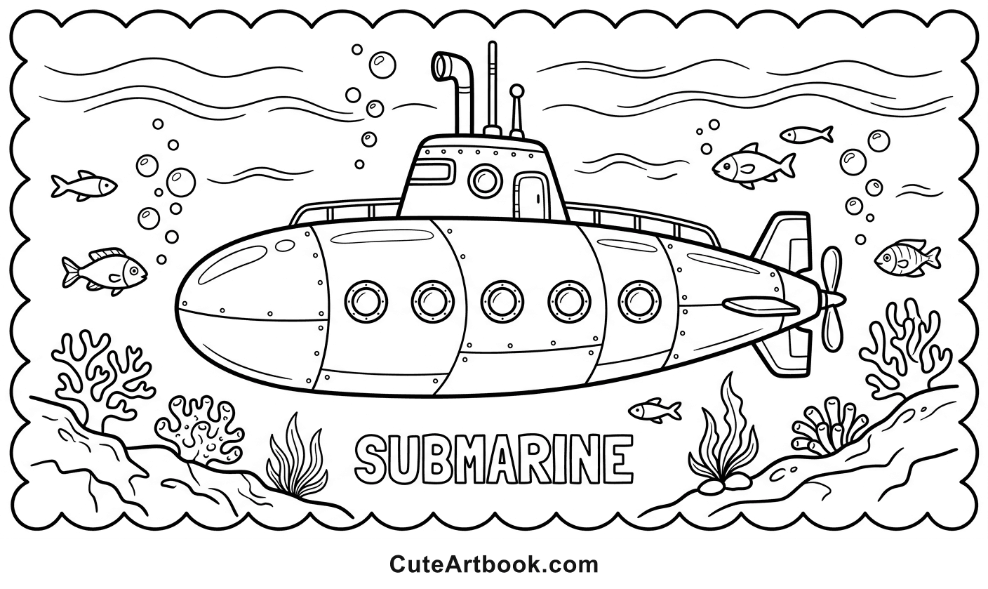 Free printable Submarine coloring page โ black and white line art